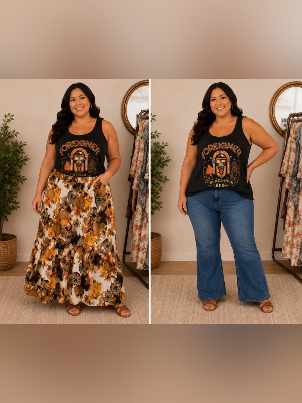 Black Graphic Tank Top with Orange & Gold Band Design and maxi skirt🌸Bundle L/XL